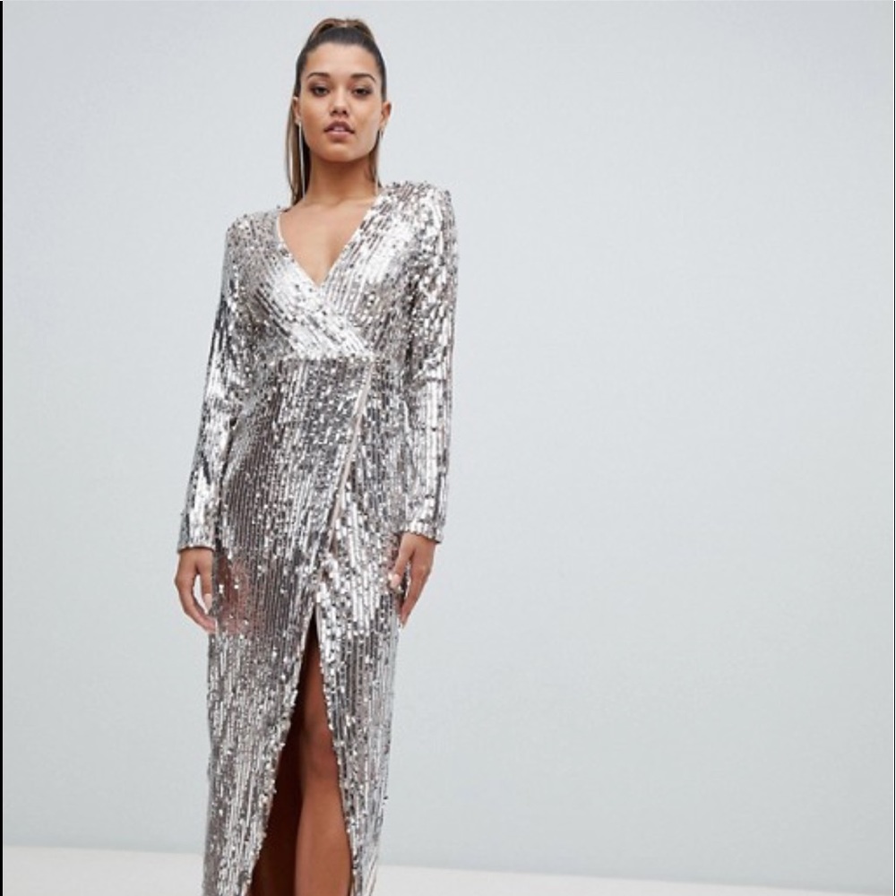 Club L embellished sequin wrap front maxi dress